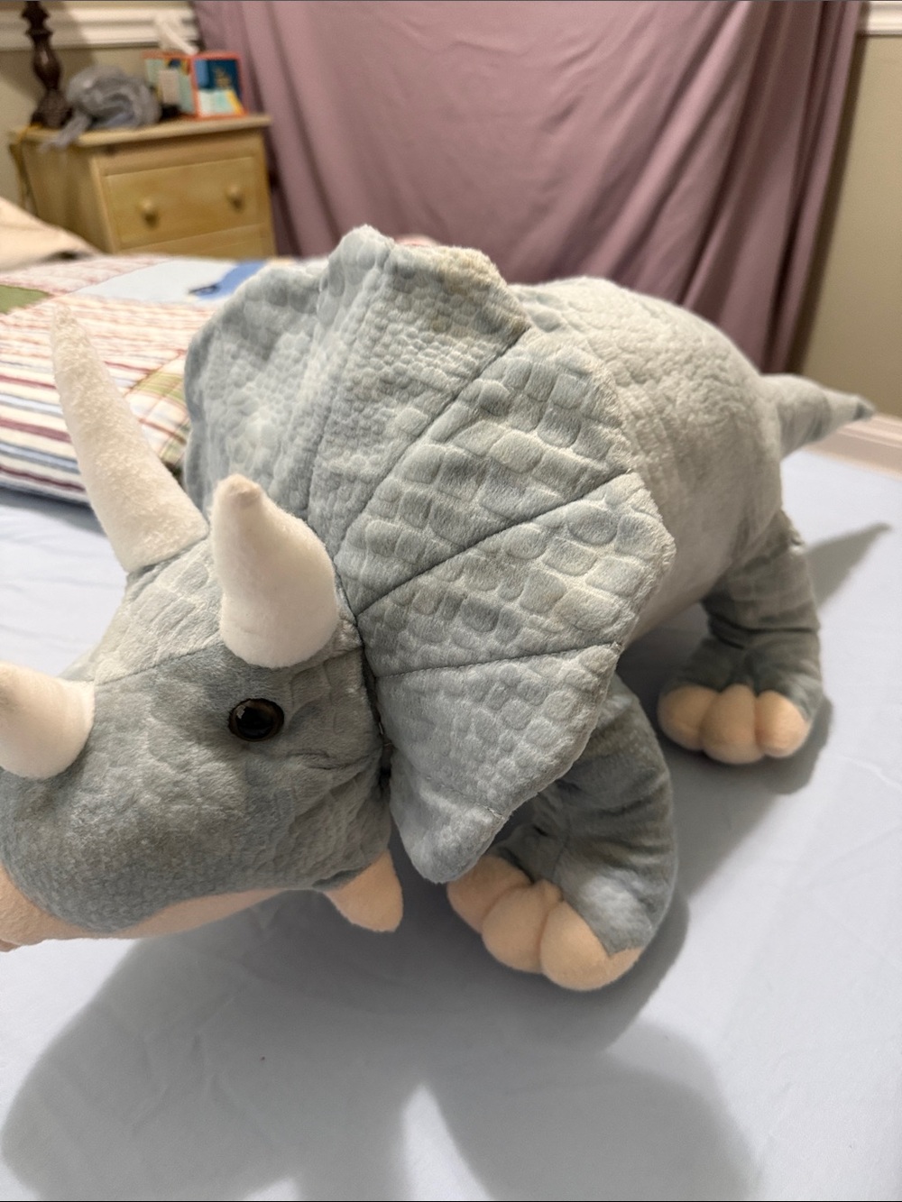 Plush Triceratops  dinosaur -Stuffed Animal - Light Gray with Cream Accents